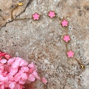 Gold-Toned Stainless Steel Pink Flower Motif Bracelet